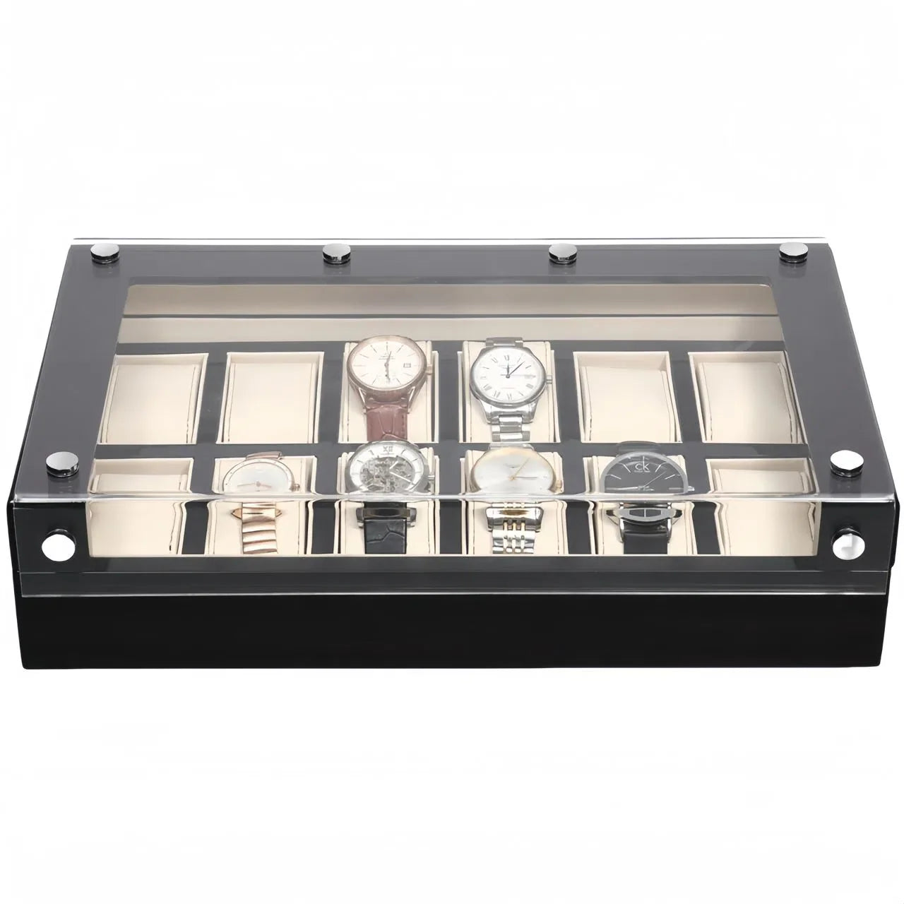 Boite à montre damier avec couvercle transparent Spacieuse