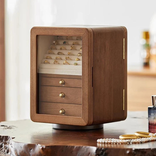 Boîte À Bijoux Rotative En Bois Foncé Avec Vitre Transparente