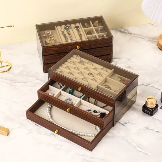 Boîte À Bijoux En Bois Foncé À Trois Tiroirs Transparente
