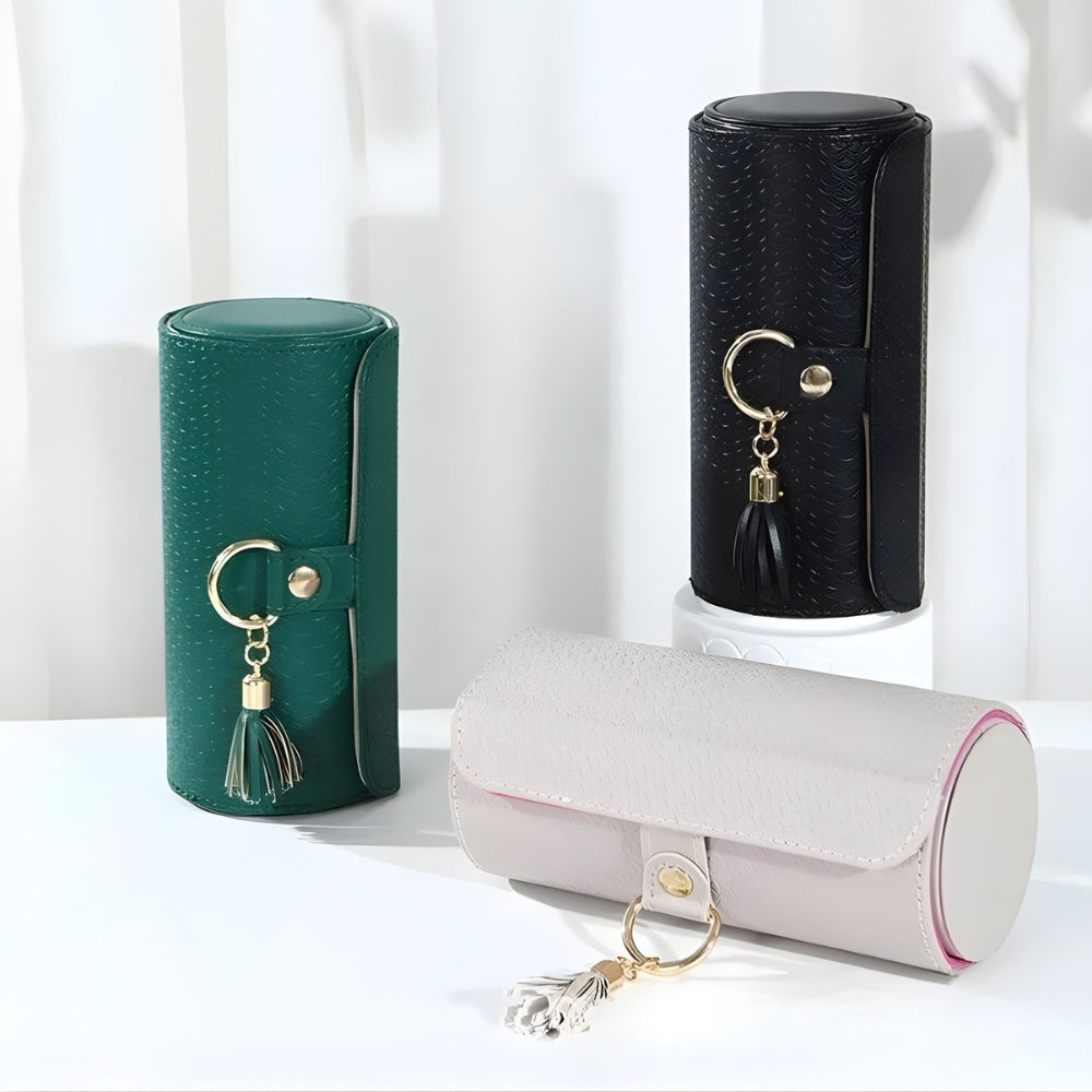 Boîte À Bijoux Cylindrique En Cuir Rotative