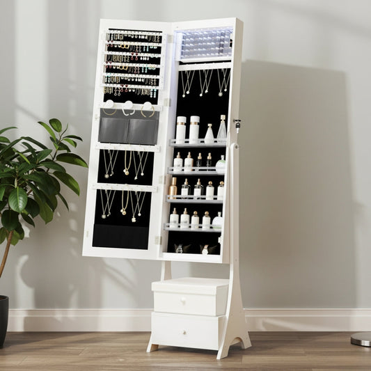 Armoire à Bijoux avec Miroir Plein Pied, Éclairage LED et Double Tiroir